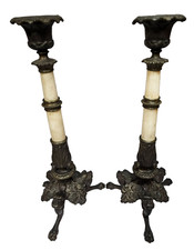 2 Pair MCM Bronze Brass Marble Candlesticks w Griffin Beast Feet Gothic Style-RE picture
