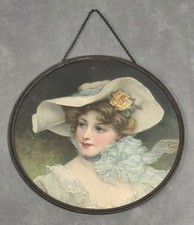 Antique BEAUTIFUL WOMAN Lithograph CHIMNEY FLUE COVER Round BLUE BOW picture