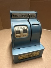 Vintage Uncle Sam's 3 Coin Register Bank Metal Nickels Dimes Quarters Blue 1957 picture