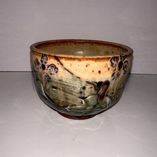Vintage Japanese? STUDIO POTTERY Chawan TEA BOWL abstract floral glaze picture
