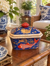 Vintage Chinese Style Koi Fish Porcelain Lidded Box Blue Red Chinoiserie 7”  picture