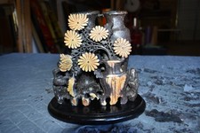 Rare Vintage Chinese Carved Soapstone Double Vase Chrysanthemum Sculpture- 6.75