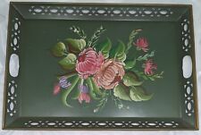 Vintage Chippy Metal Toleware Tray Hand Painted Floral on Green Large 16