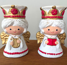 Vintage Homco Ceramic Angel Christmas Candle Holders Pair White Red Gold picture