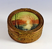 Antique Gilted French Bronze Box w/ Landscape Painting on Top picture