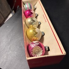 4 VTG Shiny Brite Glass Sugared Mica 1 Stripes Ball 3 Snow Xmas Ornaments 1 Othr picture