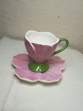 Vintage Teleflora Pink Flower-Shaped Ceramic Tea Cup and Saucer Set of 2 picture