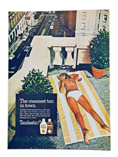 Tanfastic Dark Tanning Oil Print Ad 1968 Blonde White Bikini Rooftop Suntan picture