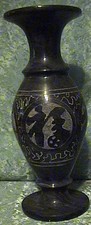 VINTAGE  FENG SHUI DARK GRAY ETCHED MARBLE VASE  CHINESE GOOD LUCK SYMBOLS picture