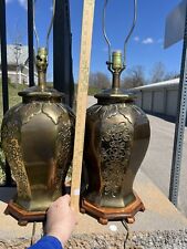 Pair Of Vintage Brass Asian Brass Table Lamps Urn Stiffel Wood Base picture