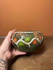 Vintage Ceramic Pottery Mexico Hand Painted Green Red Brown White Patina Vase picture