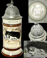 Atq Lion of Lucerne Luzern German Regimental Pewter Lithophane Lidded Beer Stein picture