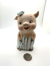 VTG LEFTON Boy Pig w/ Blue Stripe overalls PIGGY BANK 6 1/2' tall Japan KW2729 picture