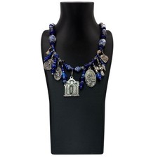 Blue Glass & Religious Medal Charm Necklace Catholic Italy 22
