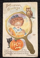 Vintage Antique Halloween Postcard Stecher Lady Mirror Owl Candle Pumpkin Cat picture