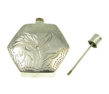 Solid 925 Sterling Silver Etched Hexagon Perfume Bottle Flask w/ Dip Stick picture