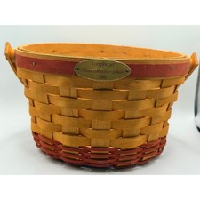 Longaberger 2002 Woven Memories Basket Handwoven Wood Brass Plaque Red Trim picture