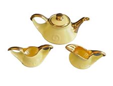 Vtg PEARL CHINA CO 22K GOLD ACCENT YELLOW TEAPOT w/ SUGAR & CREAMER SET picture