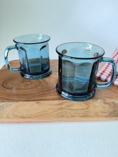 Vintage Culver Blue Green Faceted Glass Coffee Mugs Pair Made in USA picture