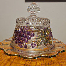 Mosser Glass Grape Covered Butter Dish Dome Cheese Lid Gold Purple NOS Sticker picture
