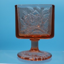 Vintage Tiara Glass 4” Pedestal Vase Card/ Holder Cabbage Rose pattern- Coral EX picture