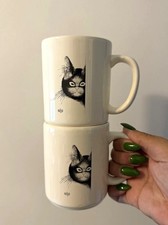 vintage 1998 A. Dubout french “sweet eyes” cat face ceramic mug Set of 2 picture
