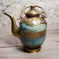 Vintage Tibetan Nepalese Mini Ritual Ewer Teapot Turquoise Brass Filigree picture