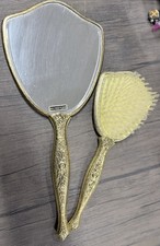 Hollywood Regency Vtg 2pc Vanity Set Ornate Floral Cameo 24k Gold Plate USA picture