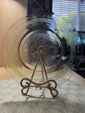 MacBeth-Evans Clear Depression Glass Stippled Rose Green Band Luncheon 8” picture
