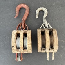 Vintage Lot of 2 WOODEN Pulley Block & Tackle 2 Wheel Pully Hook 11