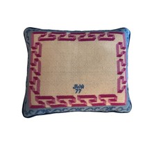 Vintage 1977 Needlepoint Greek Key Accent Pillow Blue Velvet Back 15x12 picture