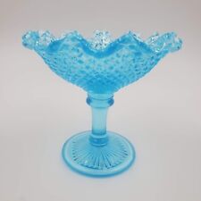 Westmoreland Aqua Blue Footed Compote Diamond Point English Hobnail Ruffled RARE picture