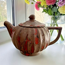 Vintage Teapot Clay Pottery Brown And Reddish Orange Glaze Ceramic Teapot Signed picture