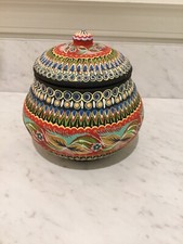Vintage clay Pottery Jar with Lid Hand Painted Detailed Gorgeous picture