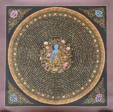 MEDICINE BUDDHA MANTRA MANDALA HAND PAINTED TIBETAN THANGKA BLACK AND GOLD ART picture