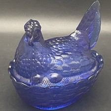 L.G. Wright Cobalt Blue Split Tail Glass Hen on Nest Candy Dish 1937-69 USA 5