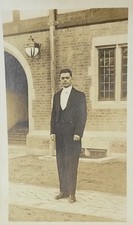 Antique 1920s Photo Young Man Formal Tuxedo Suit Collegiate Brick Building RPPC picture