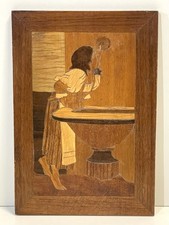 Vintage Roman Girl At Fountain Inlaid Wood Wall Art Plaque picture
