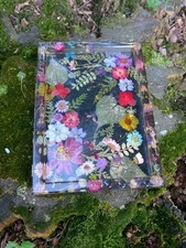Vintage Handmade Resin Botanical Catchall Tray Real Pressed Flowers Floral Art picture