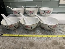 Vtg 6 Signed Fine China Rice Tea Soup Bowls Trad Spoons Cherry Blossoms Birds picture