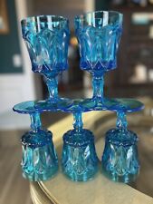 Set Of 5 Vintage Red Cliff Blue Water Wine Goblet Fenton Glass Heirloom Blue picture