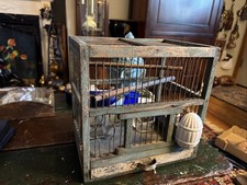 Antique 11”x11”x8” Wood & Metal Bird Cage Porcelain & Glass Feeder Dishes picture