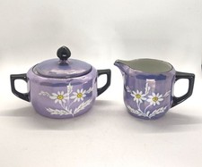 Vtg Lusterware Sugar Bowl Creamer Set Germany Lavender Purple Hand Painted Daisy picture