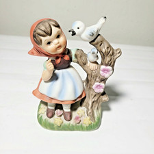 Vintage Bisque Girl Figurine Red Porcelain Hand Painted Bonnet w/ Bird & Tree picture