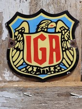 VINTAGE IGA PORCELAIN SIGN OLD GROCERY STORE FOOD MARKET EAGLE GROCERS SHIELD picture