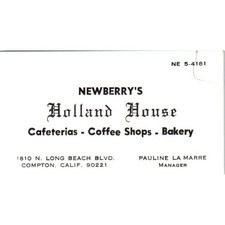 Newberry's Holland House Pauline La Marre Compton CA Vtg Business Card SD8-B7 picture