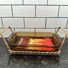 Vintage Fire King Anchor Hocking Entrees Amber 1.5qt Baking Dish Ratan Carrier picture