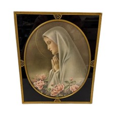 Vintage Art Deco Filigree Framed Blessed Virgin Mary Print-Reverse Painted Glass picture
