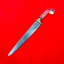 Vintage Indo-Persian Mughal Islamic Jeweled Crystal Gold Inlay Wootz Kard Knife picture