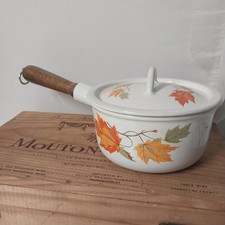 Vintage Descoware Cast Iron Enamel Ware Saucepan W/ Lid Maple Leaf Autumn  picture